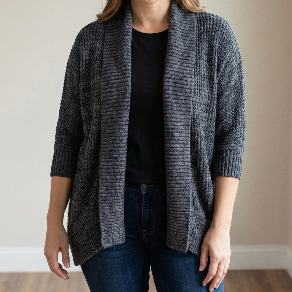 AB Studio Cardigan Charcoal Gray Chunky Knit Open-Front Dolman Sweater Sz M EUC